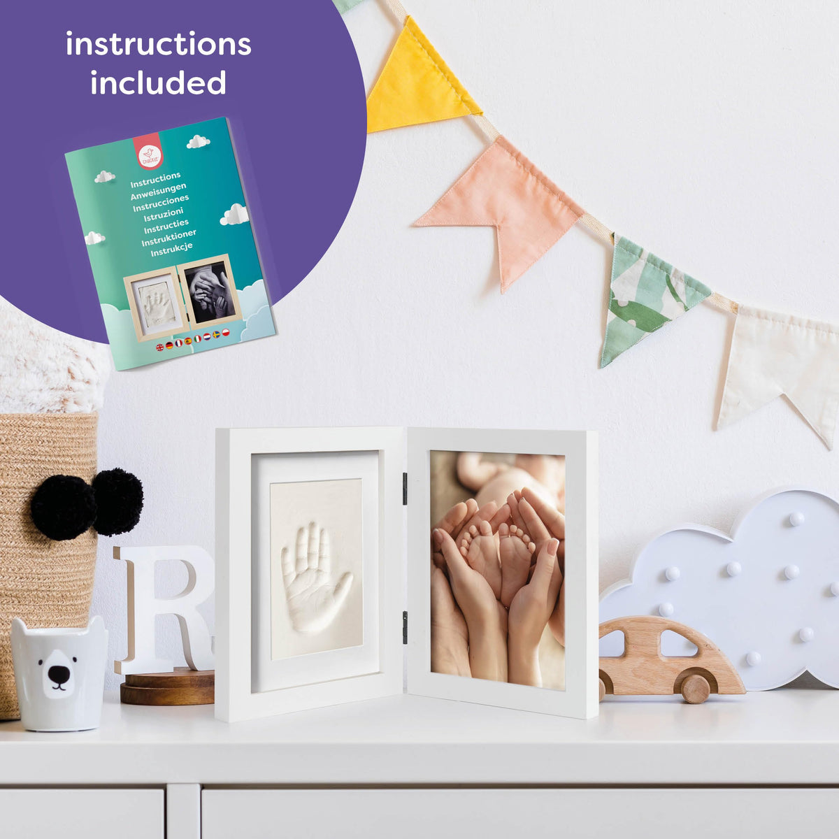 Chuckle Baby Hand and Footprint Kit - White Wooden Photo Frame (Fits 5x7 Pictures) with Air-Drying Clay, Roller and Instructions - Newborn Keepsake Gift for Baby Showers and New Mums